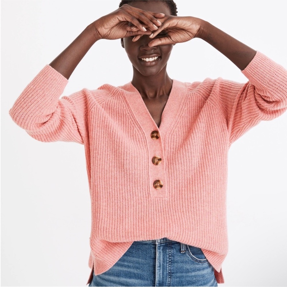 Madewell Rose Pink Ribbed Lyle Henley Button Front Knit Sweater Plus Size 3X